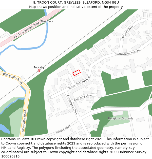 8, TROON COURT, GREYLEES, SLEAFORD, NG34 8GU: Location map and indicative extent of plot