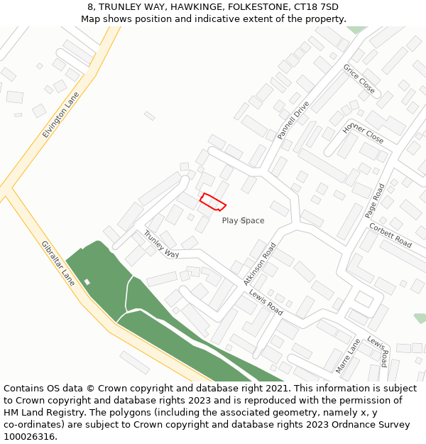 8, TRUNLEY WAY, HAWKINGE, FOLKESTONE, CT18 7SD: Location map and indicative extent of plot