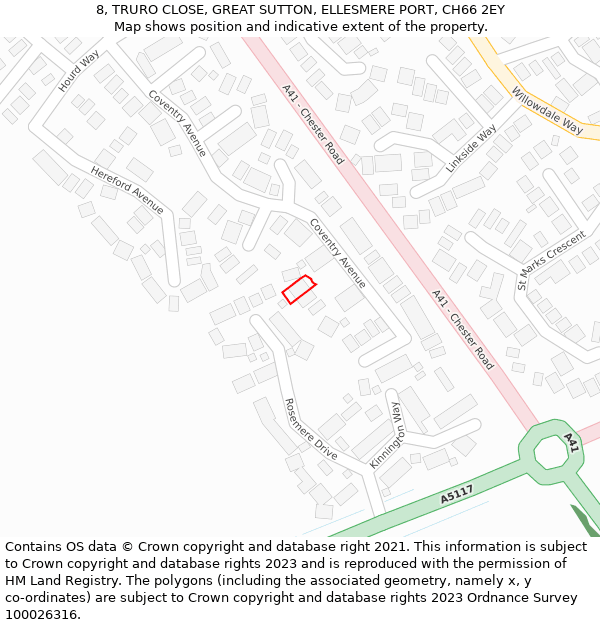 8, TRURO CLOSE, GREAT SUTTON, ELLESMERE PORT, CH66 2EY: Location map and indicative extent of plot