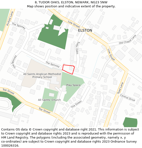 8, TUDOR OAKS, ELSTON, NEWARK, NG23 5NW: Location map and indicative extent of plot