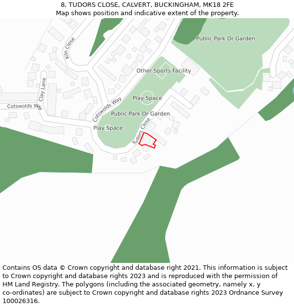 8, TUDORS CLOSE, CALVERT, BUCKINGHAM, MK18 2FE: Location map and indicative extent of plot