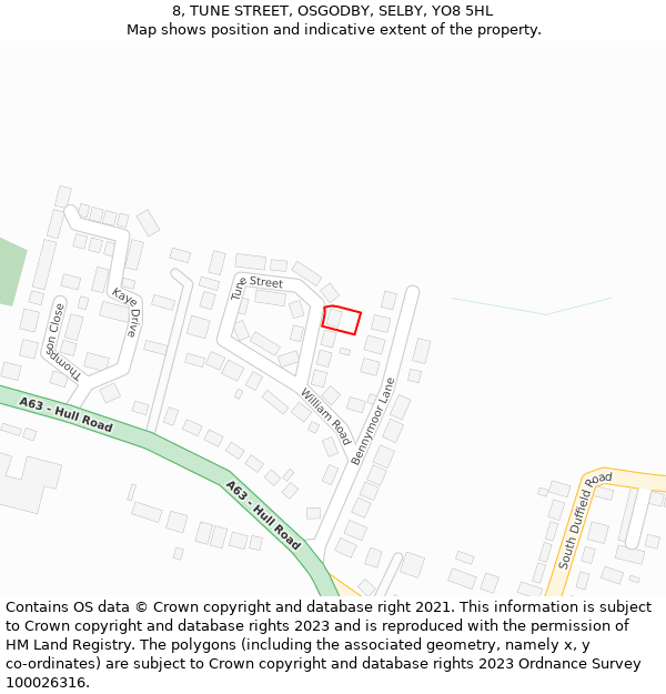 8, TUNE STREET, OSGODBY, SELBY, YO8 5HL: Location map and indicative extent of plot