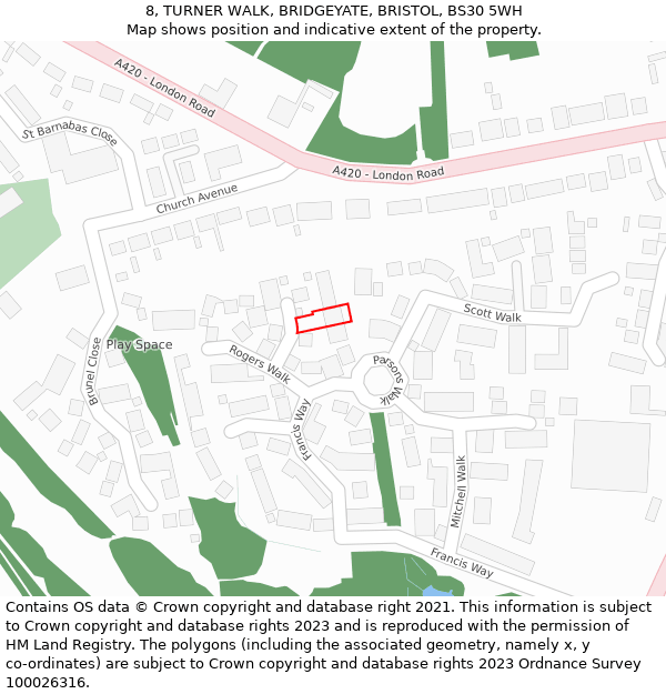 8, TURNER WALK, BRIDGEYATE, BRISTOL, BS30 5WH: Location map and indicative extent of plot