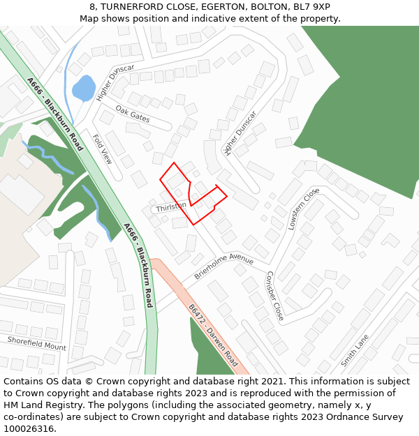 8, TURNERFORD CLOSE, EGERTON, BOLTON, BL7 9XP: Location map and indicative extent of plot
