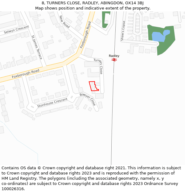 8, TURNERS CLOSE, RADLEY, ABINGDON, OX14 3BJ: Location map and indicative extent of plot