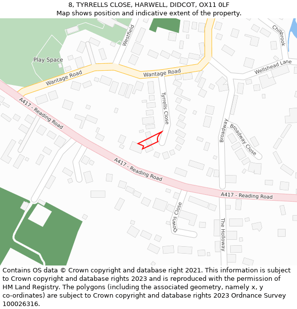 8, TYRRELLS CLOSE, HARWELL, DIDCOT, OX11 0LF: Location map and indicative extent of plot