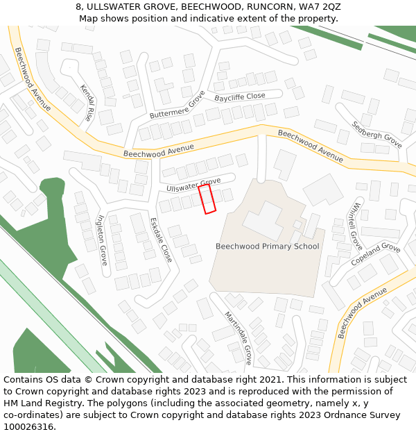 8, ULLSWATER GROVE, BEECHWOOD, RUNCORN, WA7 2QZ: Location map and indicative extent of plot