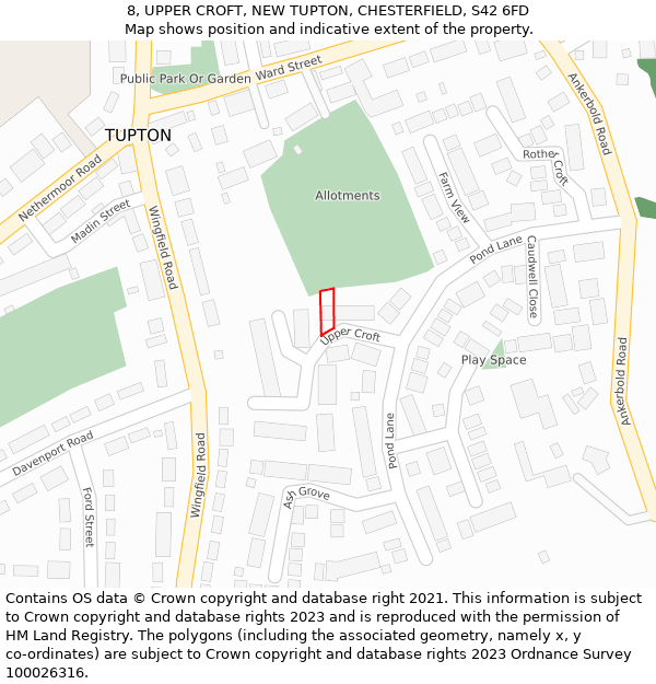 8, UPPER CROFT, NEW TUPTON, CHESTERFIELD, S42 6FD: Location map and indicative extent of plot