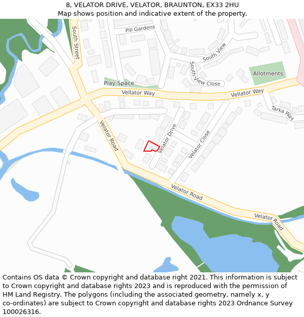 8, VELATOR DRIVE, VELATOR, BRAUNTON, EX33 2HU: Location map and indicative extent of plot