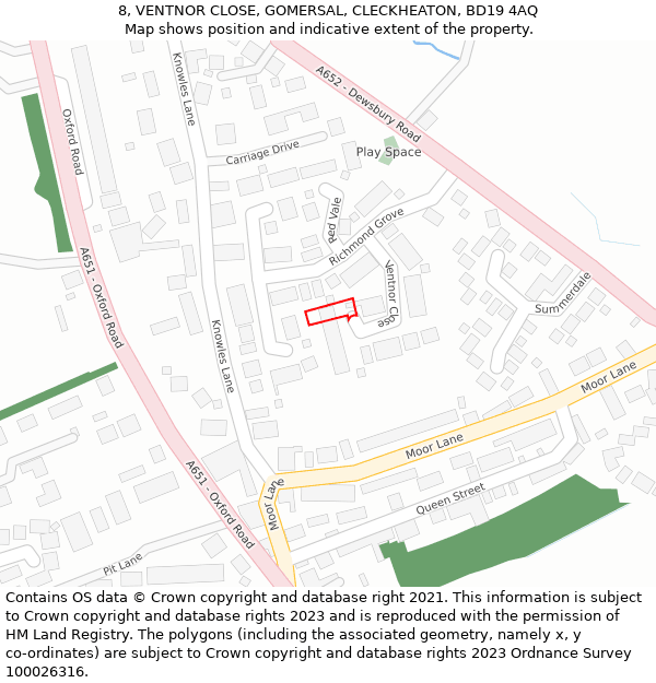 8, VENTNOR CLOSE, GOMERSAL, CLECKHEATON, BD19 4AQ: Location map and indicative extent of plot