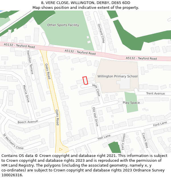 8, VERE CLOSE, WILLINGTON, DERBY, DE65 6DD: Location map and indicative extent of plot