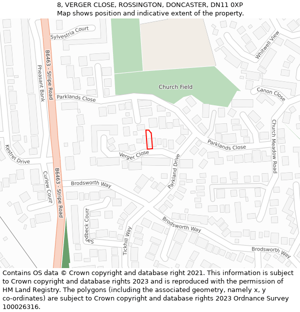 8, VERGER CLOSE, ROSSINGTON, DONCASTER, DN11 0XP: Location map and indicative extent of plot