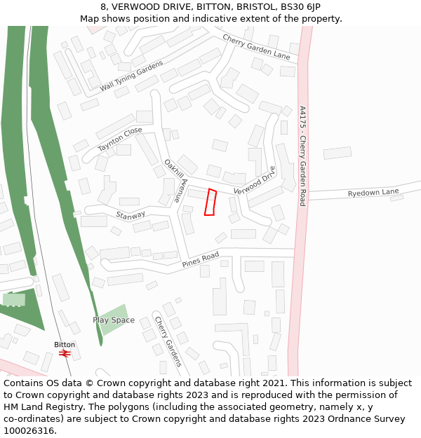 8, VERWOOD DRIVE, BITTON, BRISTOL, BS30 6JP: Location map and indicative extent of plot