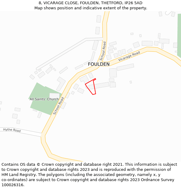 8, VICARAGE CLOSE, FOULDEN, THETFORD, IP26 5AD: Location map and indicative extent of plot