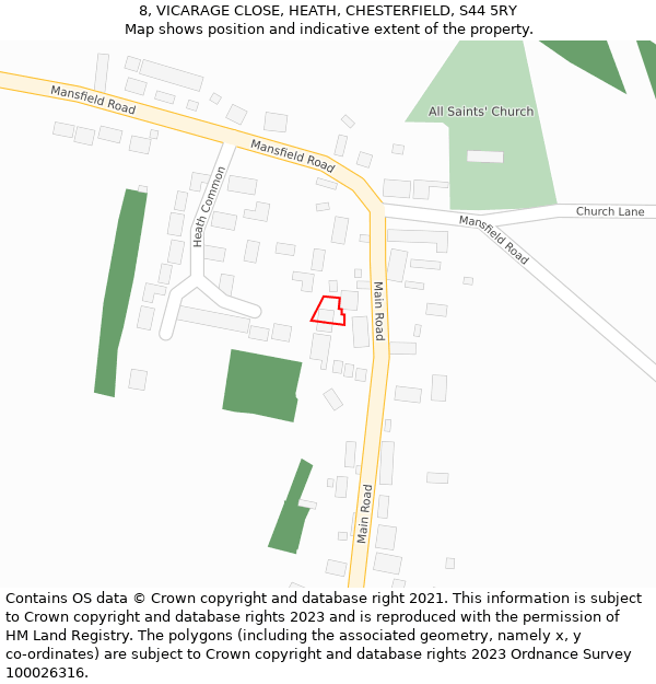 8, VICARAGE CLOSE, HEATH, CHESTERFIELD, S44 5RY: Location map and indicative extent of plot