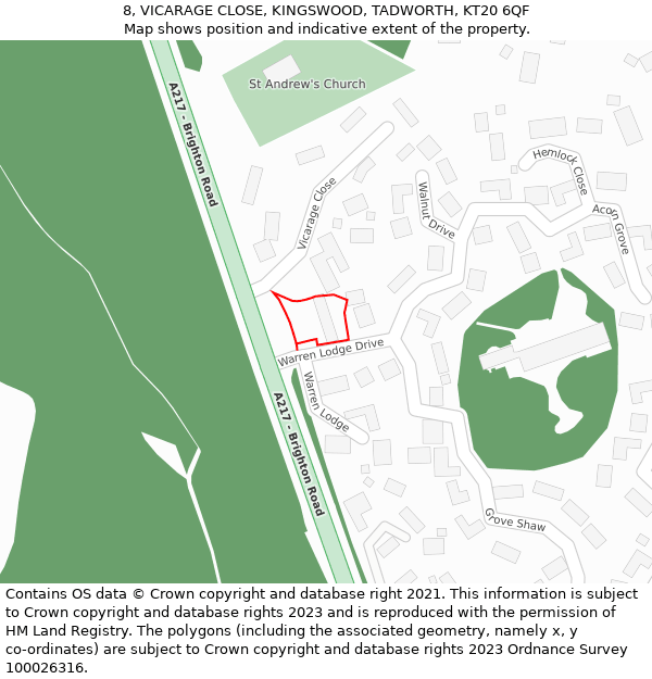 8, VICARAGE CLOSE, KINGSWOOD, TADWORTH, KT20 6QF: Location map and indicative extent of plot