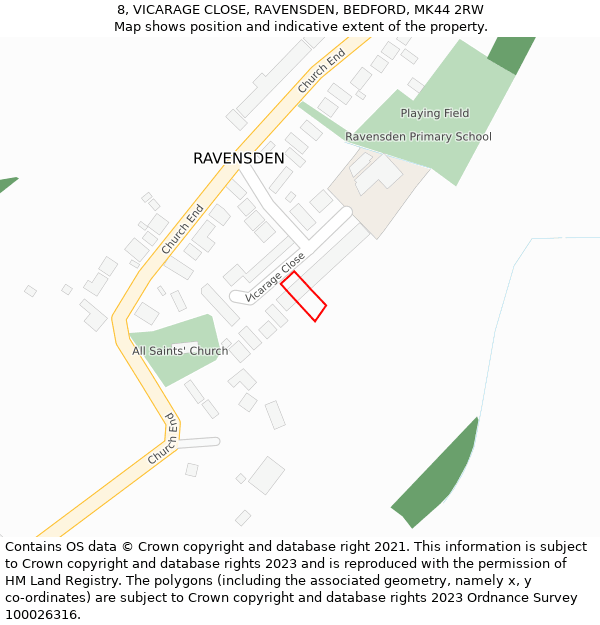 8, VICARAGE CLOSE, RAVENSDEN, BEDFORD, MK44 2RW: Location map and indicative extent of plot