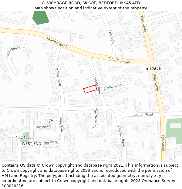 8, VICARAGE ROAD, SILSOE, BEDFORD, MK45 4ED: Location map and indicative extent of plot