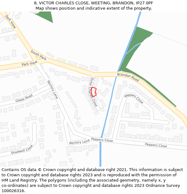 8, VICTOR CHARLES CLOSE, WEETING, BRANDON, IP27 0PF: Location map and indicative extent of plot