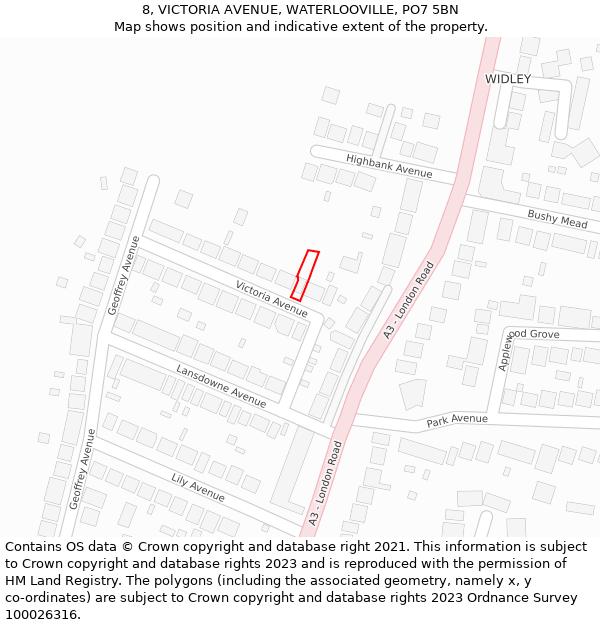 8, VICTORIA AVENUE, WATERLOOVILLE, PO7 5BN: Location map and indicative extent of plot