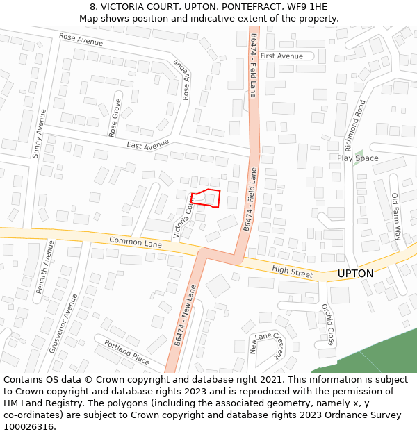 8, VICTORIA COURT, UPTON, PONTEFRACT, WF9 1HE: Location map and indicative extent of plot