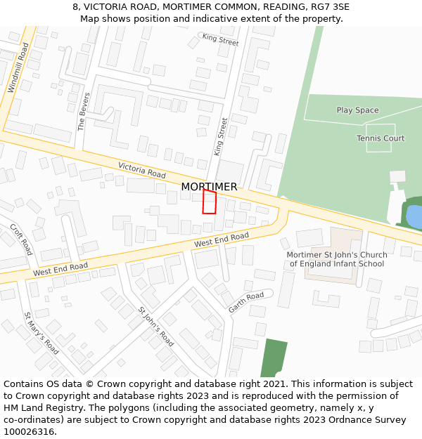 8, VICTORIA ROAD, MORTIMER COMMON, READING, RG7 3SE: Location map and indicative extent of plot