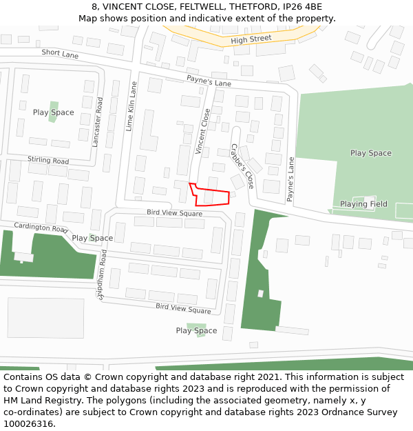 8, VINCENT CLOSE, FELTWELL, THETFORD, IP26 4BE: Location map and indicative extent of plot