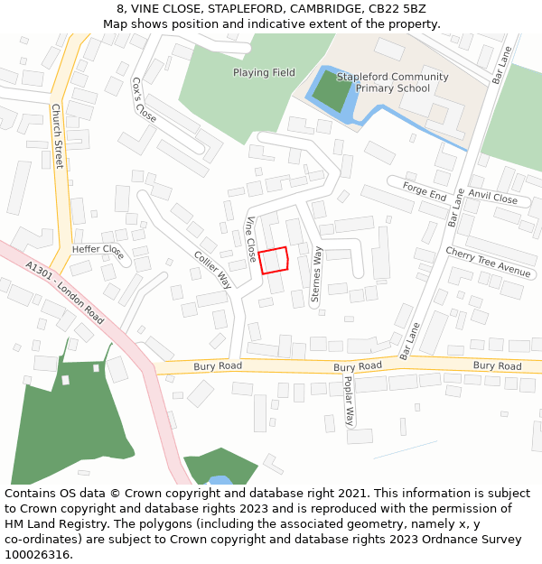 8, VINE CLOSE, STAPLEFORD, CAMBRIDGE, CB22 5BZ: Location map and indicative extent of plot