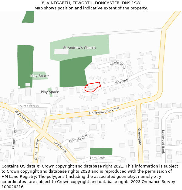 8, VINEGARTH, EPWORTH, DONCASTER, DN9 1SW: Location map and indicative extent of plot