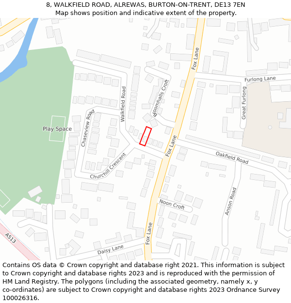 8, WALKFIELD ROAD, ALREWAS, BURTON-ON-TRENT, DE13 7EN: Location map and indicative extent of plot
