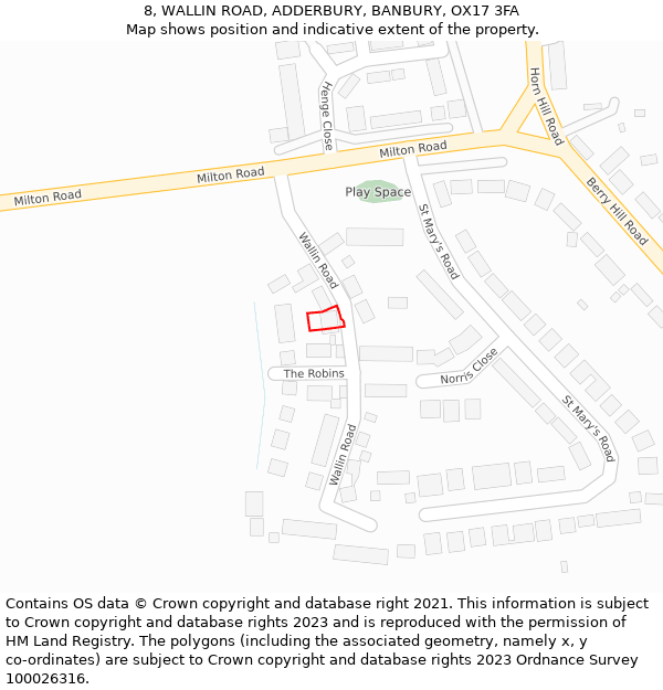 8, WALLIN ROAD, ADDERBURY, BANBURY, OX17 3FA: Location map and indicative extent of plot