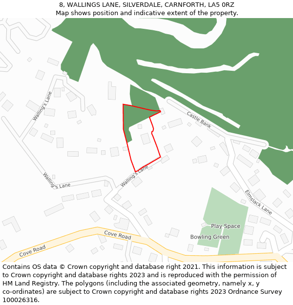 8, WALLINGS LANE, SILVERDALE, CARNFORTH, LA5 0RZ: Location map and indicative extent of plot