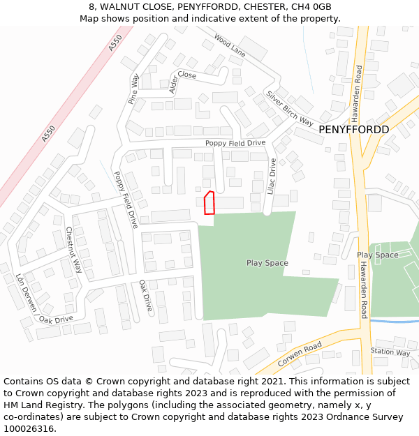 8, WALNUT CLOSE, PENYFFORDD, CHESTER, CH4 0GB: Location map and indicative extent of plot