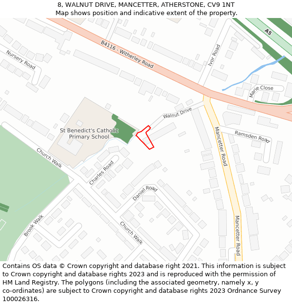 8, WALNUT DRIVE, MANCETTER, ATHERSTONE, CV9 1NT: Location map and indicative extent of plot