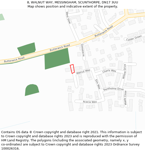 8, WALNUT WAY, MESSINGHAM, SCUNTHORPE, DN17 3UU: Location map and indicative extent of plot
