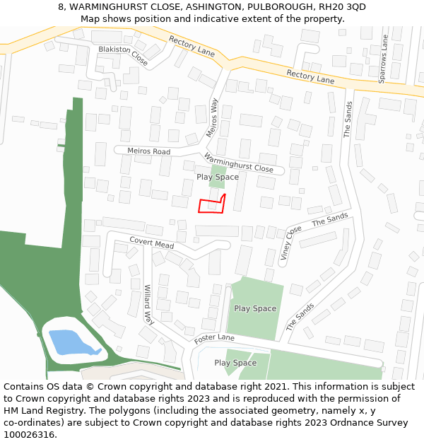 8, WARMINGHURST CLOSE, ASHINGTON, PULBOROUGH, RH20 3QD: Location map and indicative extent of plot