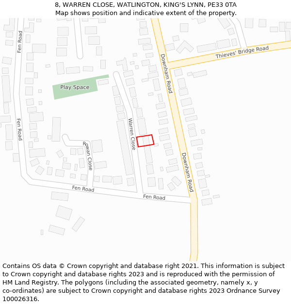 8, WARREN CLOSE, WATLINGTON, KING'S LYNN, PE33 0TA: Location map and indicative extent of plot