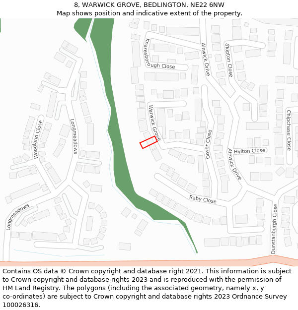 8, WARWICK GROVE, BEDLINGTON, NE22 6NW: Location map and indicative extent of plot