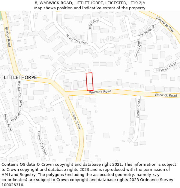 8, WARWICK ROAD, LITTLETHORPE, LEICESTER, LE19 2JA: Location map and indicative extent of plot