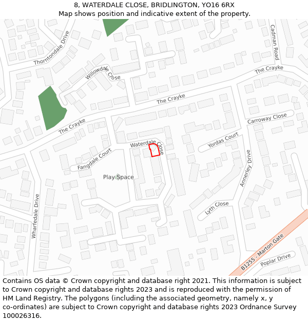 8, WATERDALE CLOSE, BRIDLINGTON, YO16 6RX: Location map and indicative extent of plot