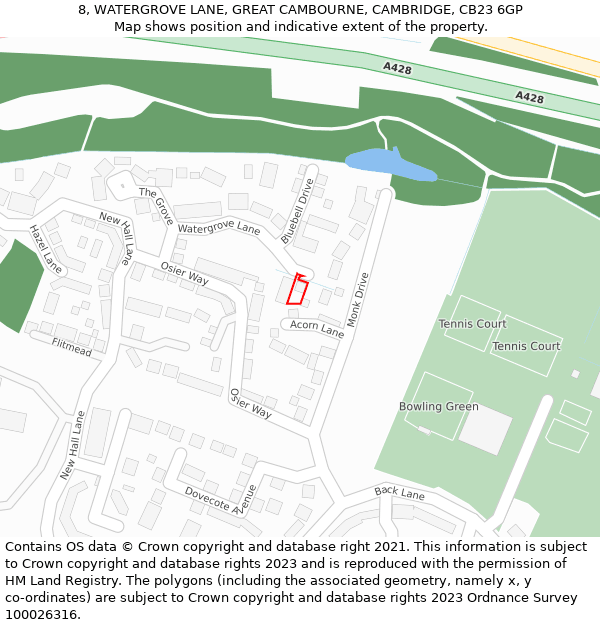 8, WATERGROVE LANE, GREAT CAMBOURNE, CAMBRIDGE, CB23 6GP: Location map and indicative extent of plot