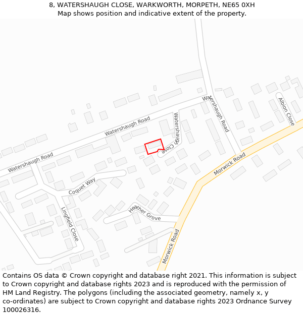 8, WATERSHAUGH CLOSE, WARKWORTH, MORPETH, NE65 0XH: Location map and indicative extent of plot