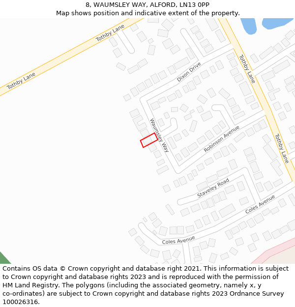 8, WAUMSLEY WAY, ALFORD, LN13 0PP: Location map and indicative extent of plot