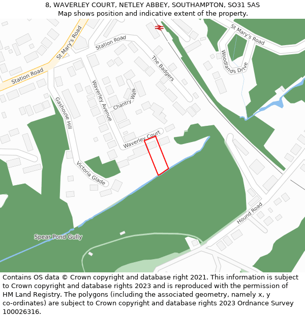 8, WAVERLEY COURT, NETLEY ABBEY, SOUTHAMPTON, SO31 5AS: Location map and indicative extent of plot