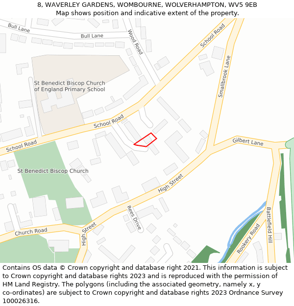 8, WAVERLEY GARDENS, WOMBOURNE, WOLVERHAMPTON, WV5 9EB: Location map and indicative extent of plot