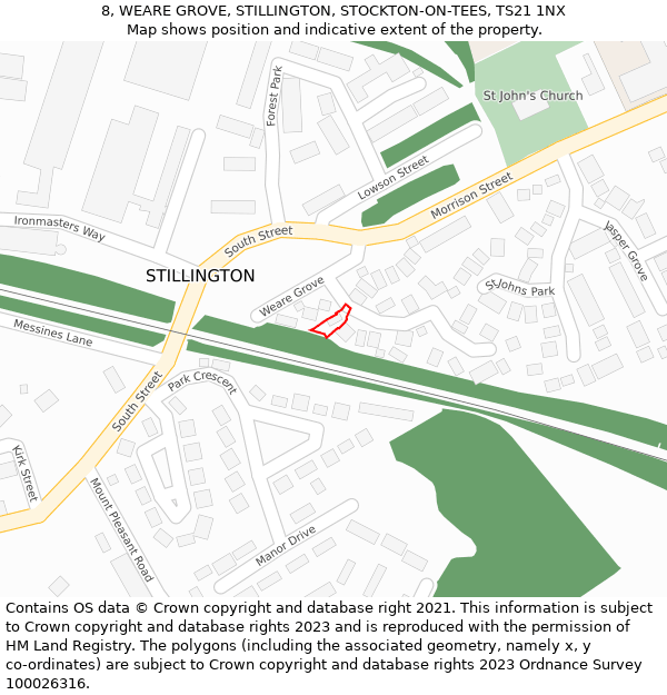 8, WEARE GROVE, STILLINGTON, STOCKTON-ON-TEES, TS21 1NX: Location map and indicative extent of plot