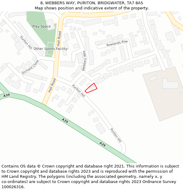 8, WEBBERS WAY, PURITON, BRIDGWATER, TA7 8AS: Location map and indicative extent of plot