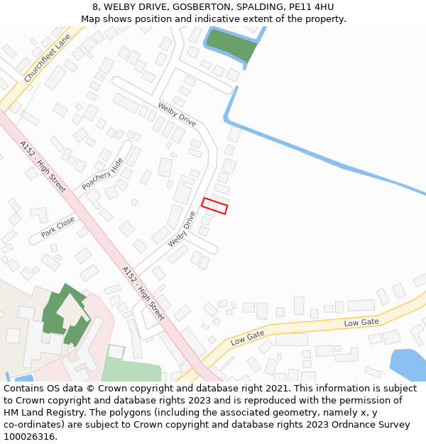 8, WELBY DRIVE, GOSBERTON, SPALDING, PE11 4HU: Location map and indicative extent of plot