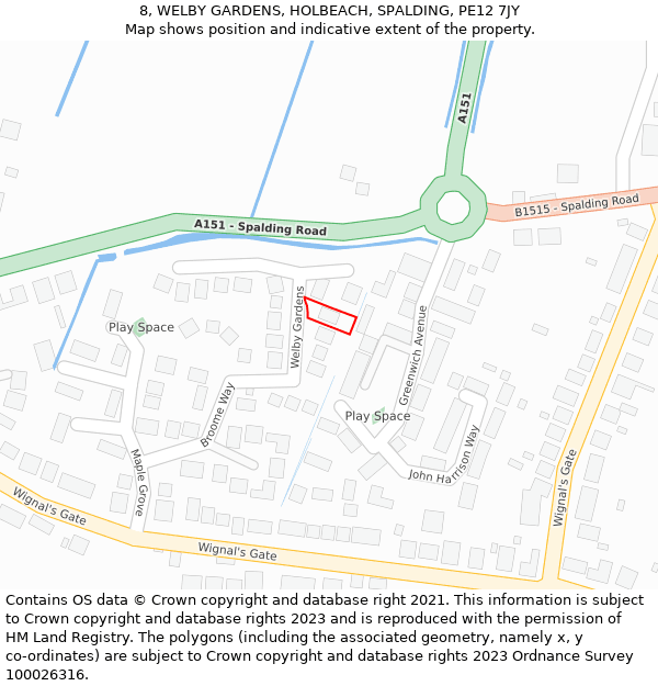 8, WELBY GARDENS, HOLBEACH, SPALDING, PE12 7JY: Location map and indicative extent of plot