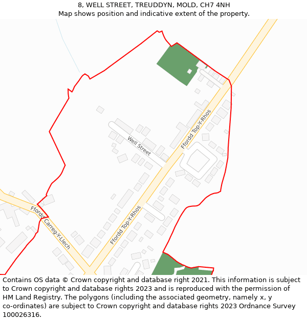 8, WELL STREET, TREUDDYN, MOLD, CH7 4NH: Location map and indicative extent of plot